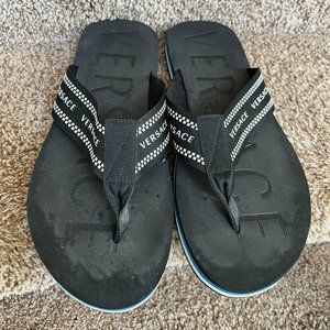 VERSACE Men's Black Web Stripes Flip Flops .